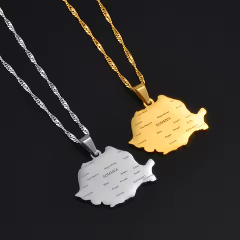Anniyo Romania Map AND City Name Pendant Necklaces Silver Color/Gold Color Romanian Jewelry Ethnic #