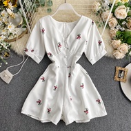 Women Korean Fashion Vintage High Waist Slim Jumpsuit Shorts Summer Print Short Sleeve V-Neck Casual Jumpsuit