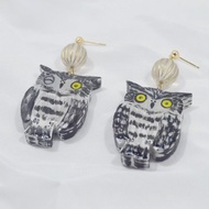 森林童話 黃永玉 水墨灰白貓頭鷹 不對稱耳環 手繪木製