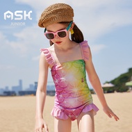 ASK JUNIOR ชุดว่ายน้ำเด็กผู้หญิง4-12ปีพร้อมหมวกว่ายน้ำสำหรับฤดูร้อนเด็กเล็กและใหญ่แห้งเร็วนางเงือกชุดว่ายน้ำชิ้นเดียว