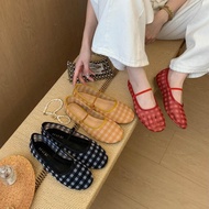 TT TT Tulle Plaid Mary Jane Sandals Women Summer Flat Strap All-Match Shoes Breathable Mesh Shoes