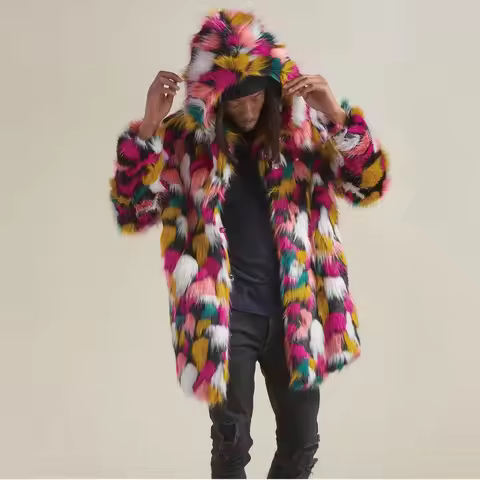 2025 Winter Warm Colorful Faux Fur Patchwork Long Coat Hooded Jacket Man Fashion Elegant Faux Fox Fu