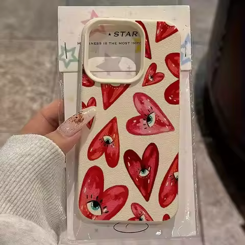 Vintage Red Eyes Heart Lichee Pattern Phone Case For iPhone 11 12 13 14 15 Pro Max X XS Max XR 15 16