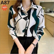 Women's Mango Silk Long-Sleeved Shirt with Luxurious Abstract Pattern Office Shirt - A87