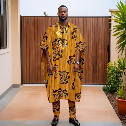 African Clothes for Men Embroidery Chain Agbada Robes Shirts and Pants 3 Piece Set Print Outfits for