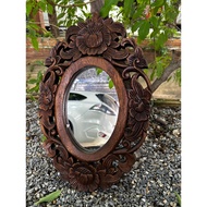 Vintage Teak Mirror Carved Flower Pattern Oak Color Golden Height 17 X Width 11 Inches Thickness 1 I