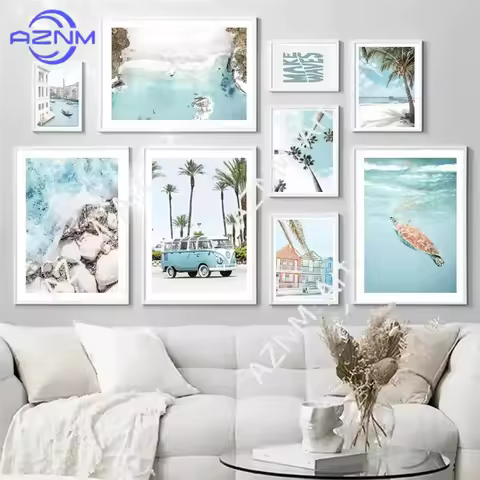 1PC Nordic blue seascape decor beach gull summer vacation living room poster frameless