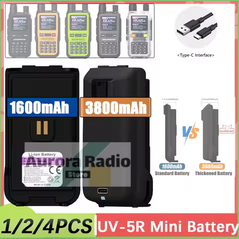Baofeng UV-5R Mini Walkie Talkie 3800mAh Thicker Li-ion Battery 1600mAh 7.4V Type-C Charging Origina