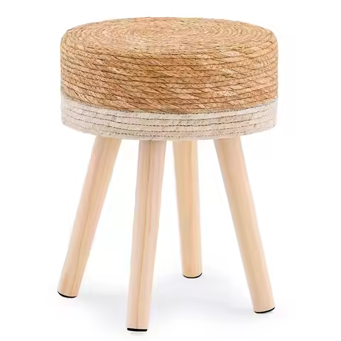 Handwoven Outdoor Ottoman, Water Hyacinth Pouf Round Patio Footstool with Wood Legs, 17Inch Multipur