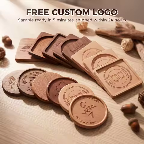 Coaster Gift 2PCS Free Personalized Engraved Wooden Coasters with Groove Custom Made for Wedding Gif