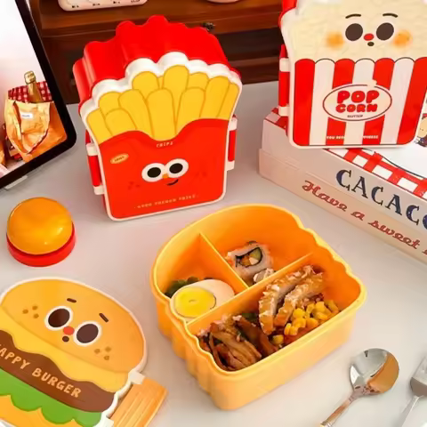 Creative Cartoon Bento Box Hamburger French Fries Divided Food Container Leakproof Portable Lunch Bo