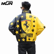 MON F1 Leather Jacket Men Ferrari Retro Embroidery Waterproof Windbreaker Jacket Long Sleeve Unisex