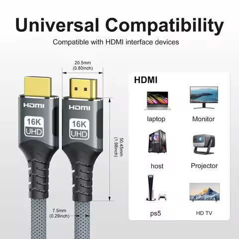 16K HDMI 2.2 Cable HDMI-Compatible Cable 4K@240Hz 8K@120Hz 16K@30Hz/60Hz HDR HDCP 96Gbps For HDTV La