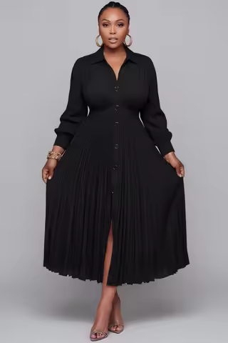 Plus Size Churchs Black Shirt Collar Long Sleeve Button Elegant Pocket Midi Dresses