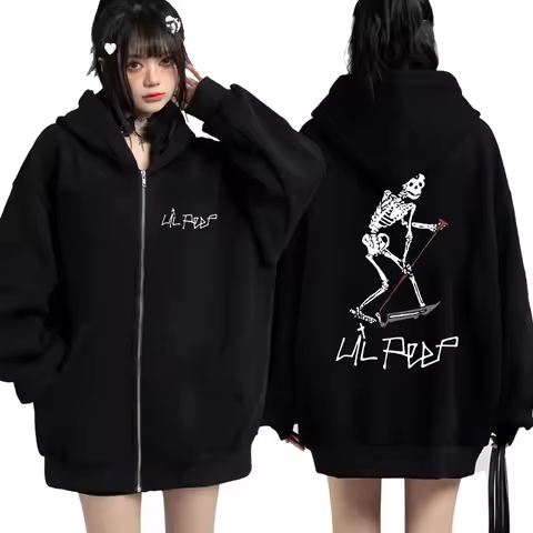 Rapper Lil Peep Same Style Skeleton Print Zip Up Hoodie Men Women Fashion Gothic Oversized Hip Hop C
