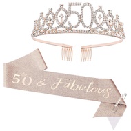 CIEHER 50th Birthday Crown + 50 & Fabulous Sash + Pearl Pin Set, 50th Birthday Gifts for Women Frien