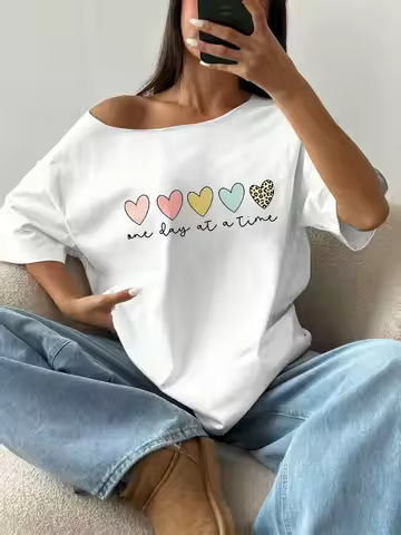 Plus Size One Day At A Time Heart Print Shirt 100% Cotton Shoulder Loose Print T-Shirt Oversized Y2K