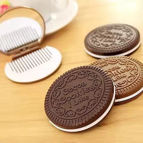 1pc Simple Ins Cute Oreo Chocolate Biscuit Mirror Outdoor Portable Mirror Mini Folding Makeup Mirror