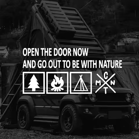 Open the door now and get out to enjoy nature. Outdoor camping, RV travel, car window and door decor