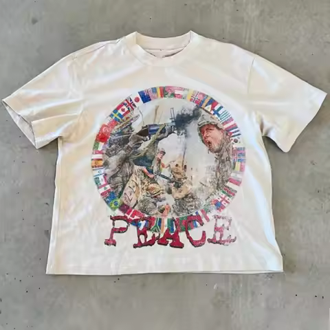 Peace in The Retro War Pattern Print Summer New Men and Women Pure Cotton Retro Fashion Streetwear