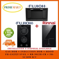 FUJIOH FH-GS2525 SVGL DOMINO GAS HOB 2 BURNERS + RINNAI RB-3012H-CB INDUCTION HOB + FR-SC2090 R/V 900MM INCLINED HOOD