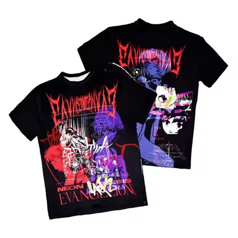 Men's Rei Ayanami Cyberpunk Glitch Art Tee Neon Genesis Evangelion Anime Double-Sided Design Casual 