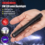 White/Red/395nm UV LED Flashlight Torch Light Portable Pocket Pen Clip Light, AA Battery Not Include