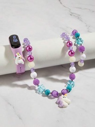 兒童手錶套裝m3粉紅色彩虹獨角獸形狀紫色項鍊手鐲套裝