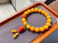 天然蜜蠟單圈手串 滿蜜雞油黃 蠟質濃厚 配南紅瑪瑙 老蠟
