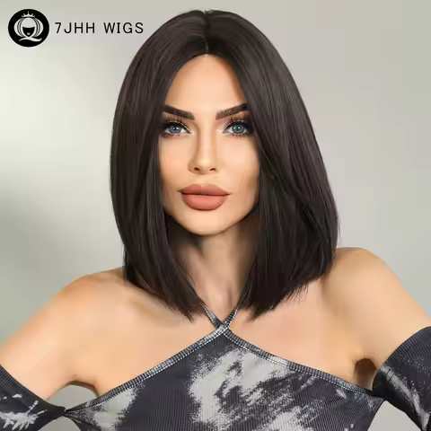 7JHH WIGS Short Straight Bob Wigs with Bang Natural Black Hair Wig for Women Daily Cosplay Heat Resi