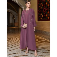 Autumn Muslim Party Dress for Women Abaya 2 Piece Set Diamond Jalabiya Ramadan Long Dresses Woman La