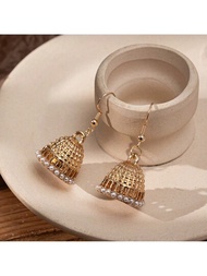 1對復古風格小鈴鐺和珠子裝飾合金垂墜耳環,適合女性日常佩戴