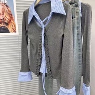 Fake-2-piece Blouse Women Ruffle Long Sleeve Korean Style Ladies Slim Shirt Top