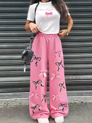 Comfy Kids Girls Summer Two Piece Set, Bow Letter Print Short Crop Top & Loose Wide Leg Pants with D