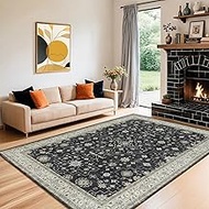 LBRO2M Black Washable Rugs 5X7 for Living Room Bedroom Vintage Non Slip Rugs Easy Clean, Low Piles S