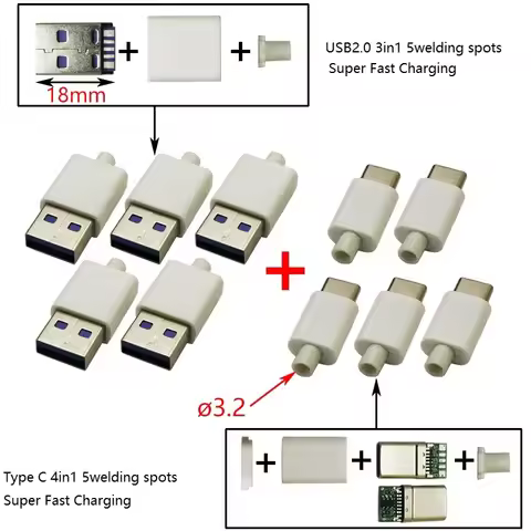 10sets(5+5) Super Fast Charging 5 Welding Spots USB 2.0 Male Connector Assemble 3in1 Type C Jack Cha