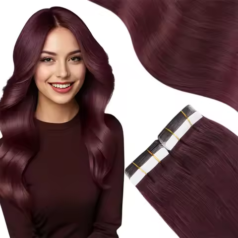 Alimice 99J Tape In Remy Hair Extensions Human Hair Burgundy Color Hair Extensions for Women Seamles