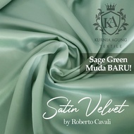 Kain Bordir Motif Cabut Warna SAGE GREEN Furing Satin Velvet by Roberto Cavali Per 0.5 Meter Bahan K