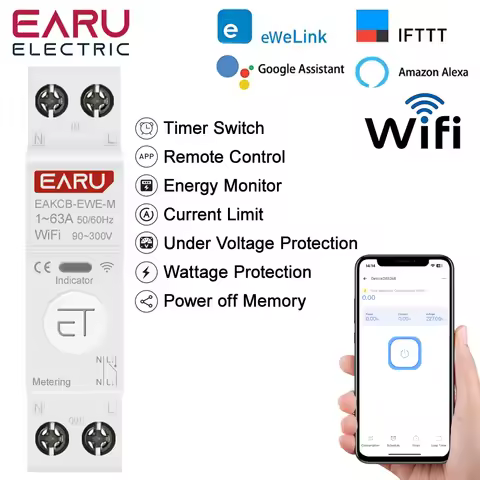 eWeLink WiFi Smart Circuit Breaker 1P+N 63A MCB Timer Relay Switch Energy Metering kWh Voltage Curre