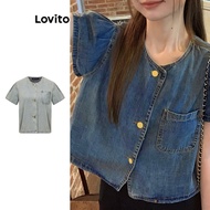 Lovito Casual Denim Top Summer/Spring Button Denim Top for Women LNA21050