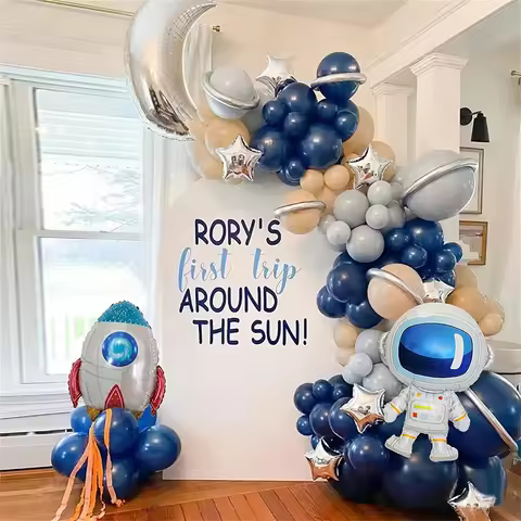 140Pcs Space Balloon Garland Arch Kit Outer Space Rocket Astronaut Foil Balloons for Boy Space Theme