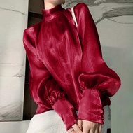 VONDA | PLUS ขนาด 5XL VONDA ผู้หญิงซาตินเสื้อ 2025 โบฮีเมียนโคมไฟแขนเสื้อวินเทจสูงคอเสื้อ Elegant สี