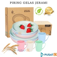 PUSAT17 WHEAT STRAW PLATE SET 4PCS 25CM 23CM JUMBO FOOD GRADE WHEAT STRAW PLATE GLASS SET PREMIUM DI