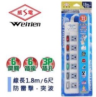 《現貨》威電牌 6尺 1.8米六孔電源延長線插座 三孔 1200w 延長線插頭 獨立開關 台灣製造 合格認證 110v