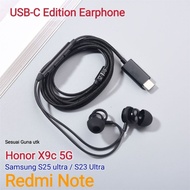 Type-C Earphone Sesuai Guna Utk Honor X9C 5G X9B S25 Ultra S23 Ultra Oppo Reno Realme GT Redmi Note 