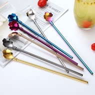Net Red New304Stainless Steel Cherry Blossom Straw Spoon Integrated Juice Environmental Protection Straw Internet Celebrity Long Coffee Stir Spoon