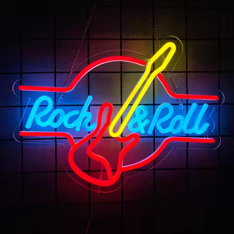 Rock Roll Music Neon Sign, Led Guitar Icon Usb Powered, Used For Music Studio, Live Music, Recording