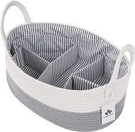 Baby Diaper Caddy Organizer Extra Large Nursery Storage Bin Woven Cotton Rope Baby Shower Basket 16.5"X11"X6.5" with 8 Pockets 5 Compartments Removable Insert Portable Car Travel Tote Bag(White+Grey)