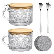 Vintage Coffee Glass Mugs Set of 2, Glass Coffee Tea Cups with Bamboo Lids, Coaster and Spoons,15Oz 