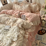 【Super low price】3/4Pcs Korean Princess Style Floral Ruffles Bedding Set Skin-friendly Soft Duvet Co
